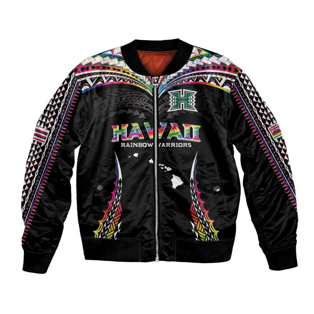 Custom Hawaii Rainbow Warriors Bomber Jacket Polynesian Motif Special Edition Rainbow Gradient LT03 Unisex Black - Polynesian Pride