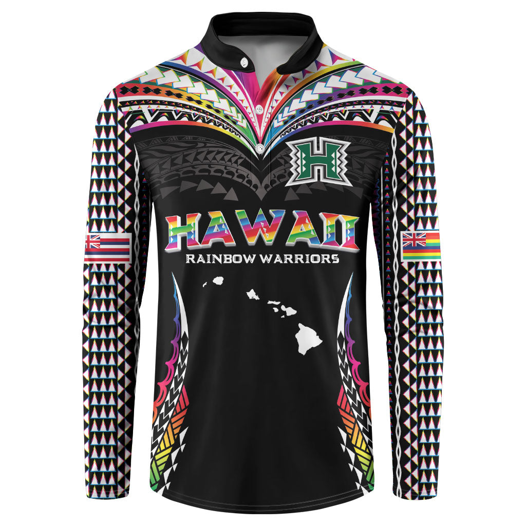 Custom Hawaii Rainbow Warriors Button Sweatshirt Polynesian Motif Special Edition Rainbow Gradient LT03 Black - Polynesian Pride