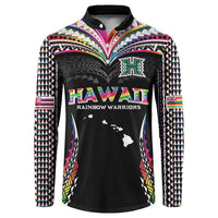 Custom Hawaii Rainbow Warriors Button Sweatshirt Polynesian Motif Special Edition Rainbow Gradient LT03 Black - Polynesian Pride