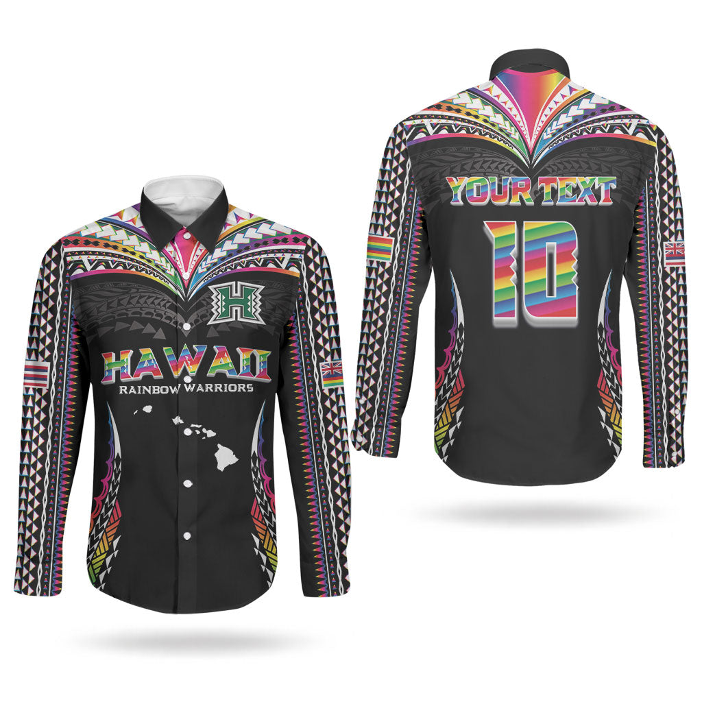 Custom Hawaii Rainbow Warriors Couples Matching Mermaid Dress and Long Sleeve Button Shirt Polynesian Motif Special Edition Rainbow Gradient