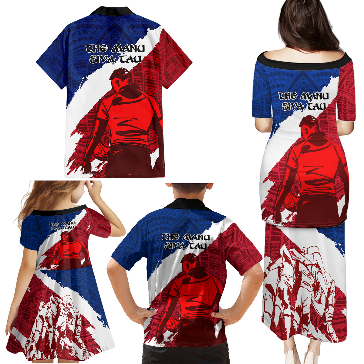 Samoa Rugby Family Matching Puletasi Dress and Hawaiian Shirt Siva Tau Dance Polynesian Tattoo Brush Style LT03 - Polynesian Pride