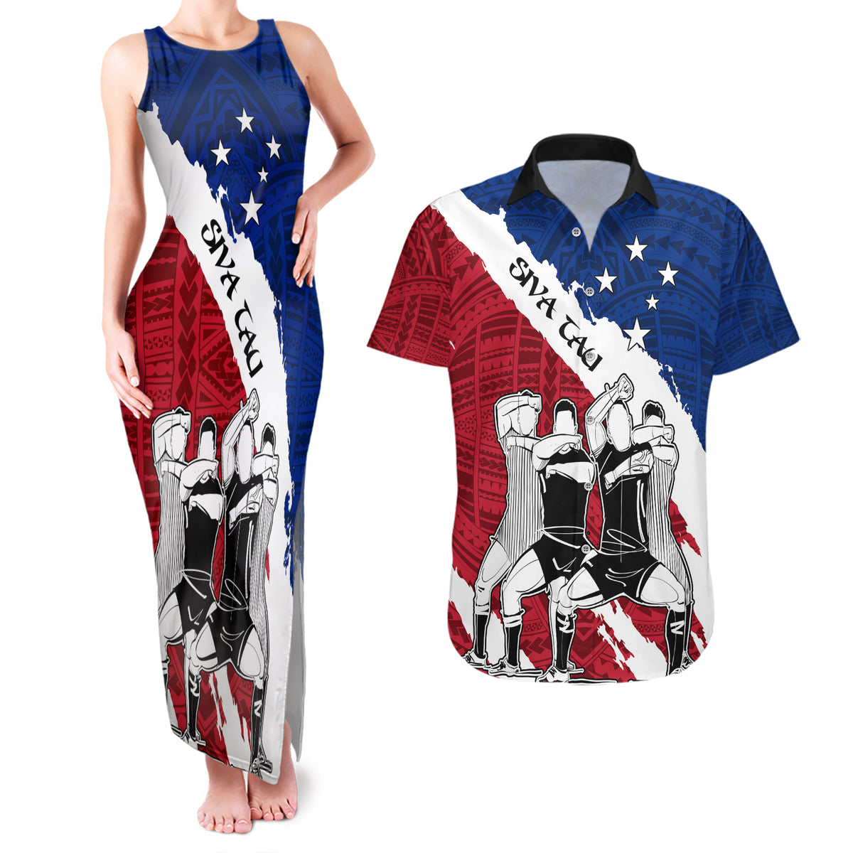 Custom Samoa Rugby Couples Matching Tank Maxi Dress and Hawaiian Shirt Siva Tau Dance Polynesian Tattoo Brush Style LT03 Red - Polynesian Pride