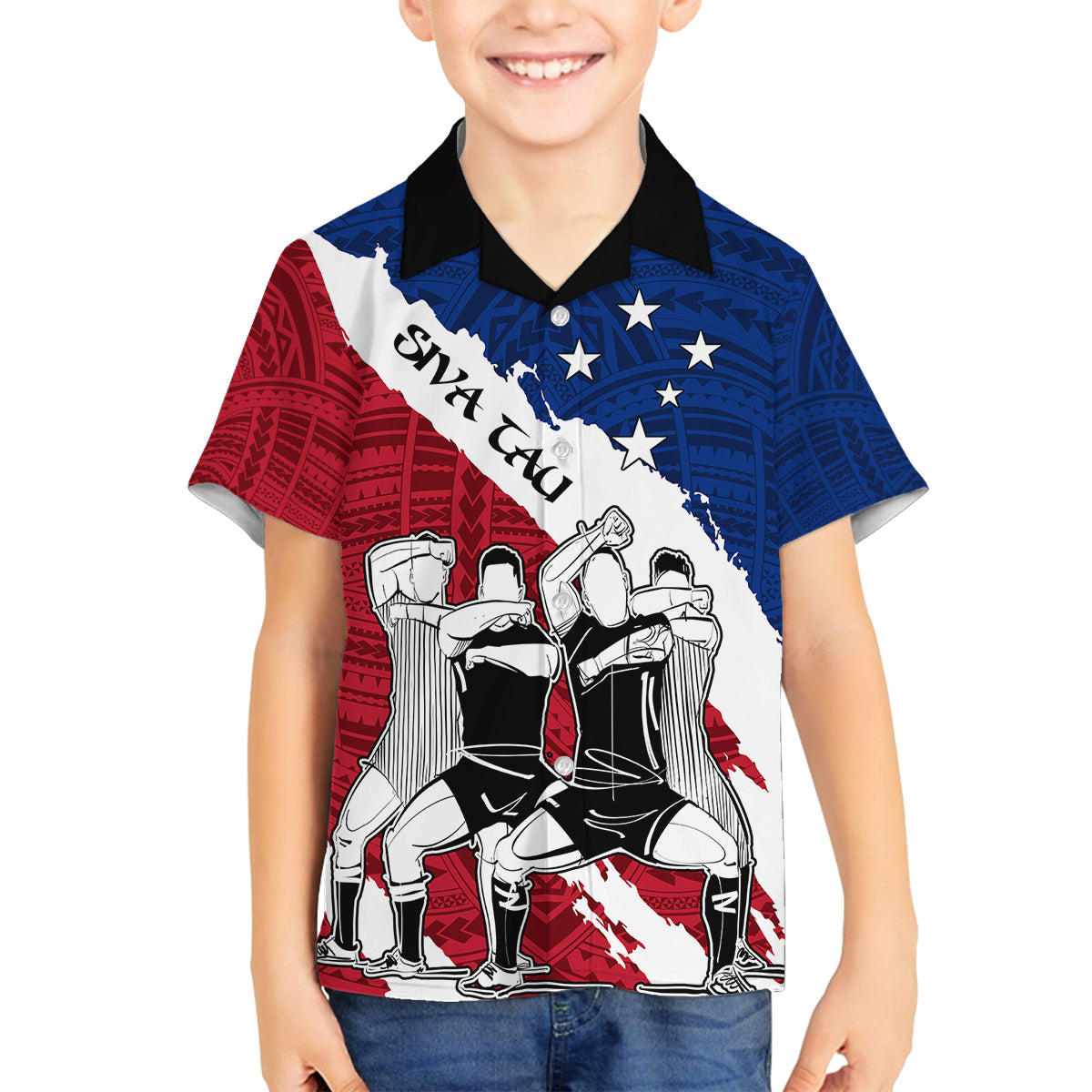 Custom Samoa Rugby Family Matching Puletasi Dress and Hawaiian Shirt Siva Tau Dance Polynesian Tattoo Brush Style LT03 Son's Shirt Red - Polynesian Pride