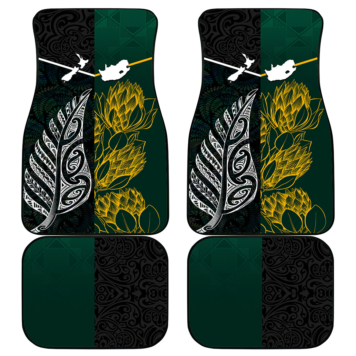 South Africa and New Zealand Car Mats King Protea and Silver Fern Mix Culture Pattern LT03 Black - Polynesian Pride