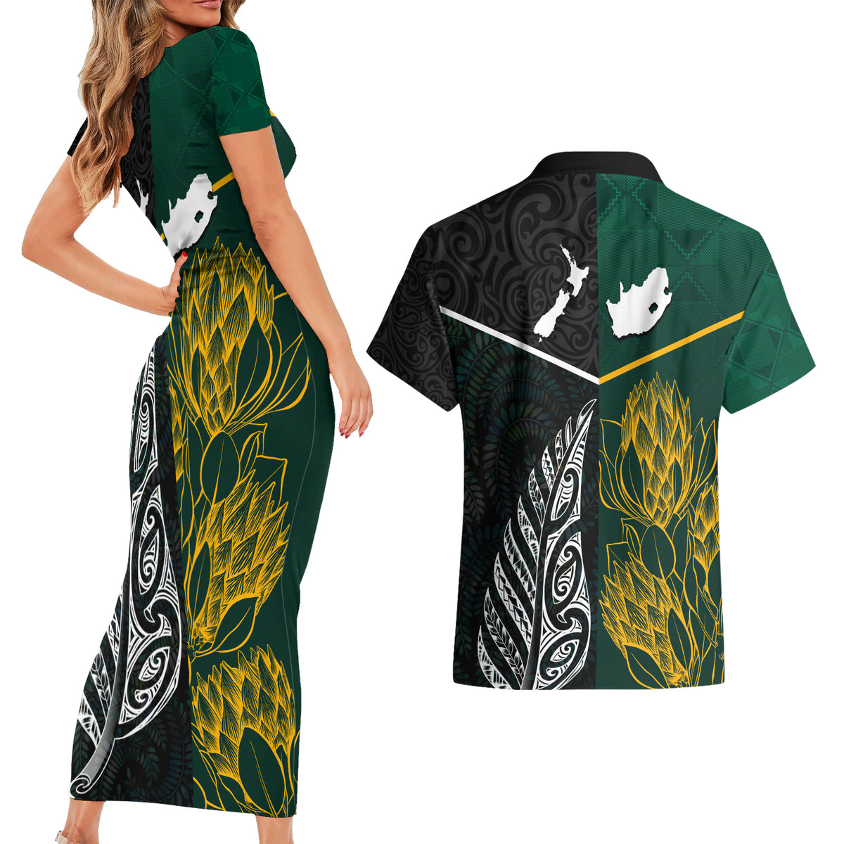 South Africa and New Zealand Couples Matching Short Sleeve Bodycon Dress and Hawaiian Shirt King Protea and Silver Fern Mix Culture Pattern LT03 - Polynesian Pride