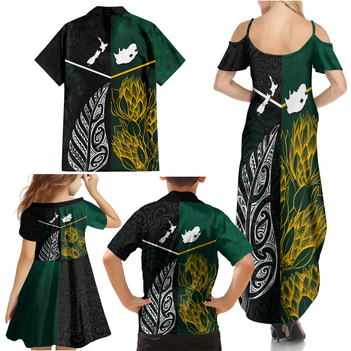 South Africa and New Zealand Family Matching Summer Maxi Dress and Hawaiian Shirt King Protea and Silver Fern Mix Culture Pattern LT03 - Polynesian Pride
