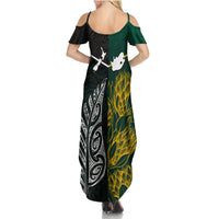 South Africa and New Zealand Summer Maxi Dress King Protea and Silver Fern Mix Culture Pattern LT03 - Polynesian Pride