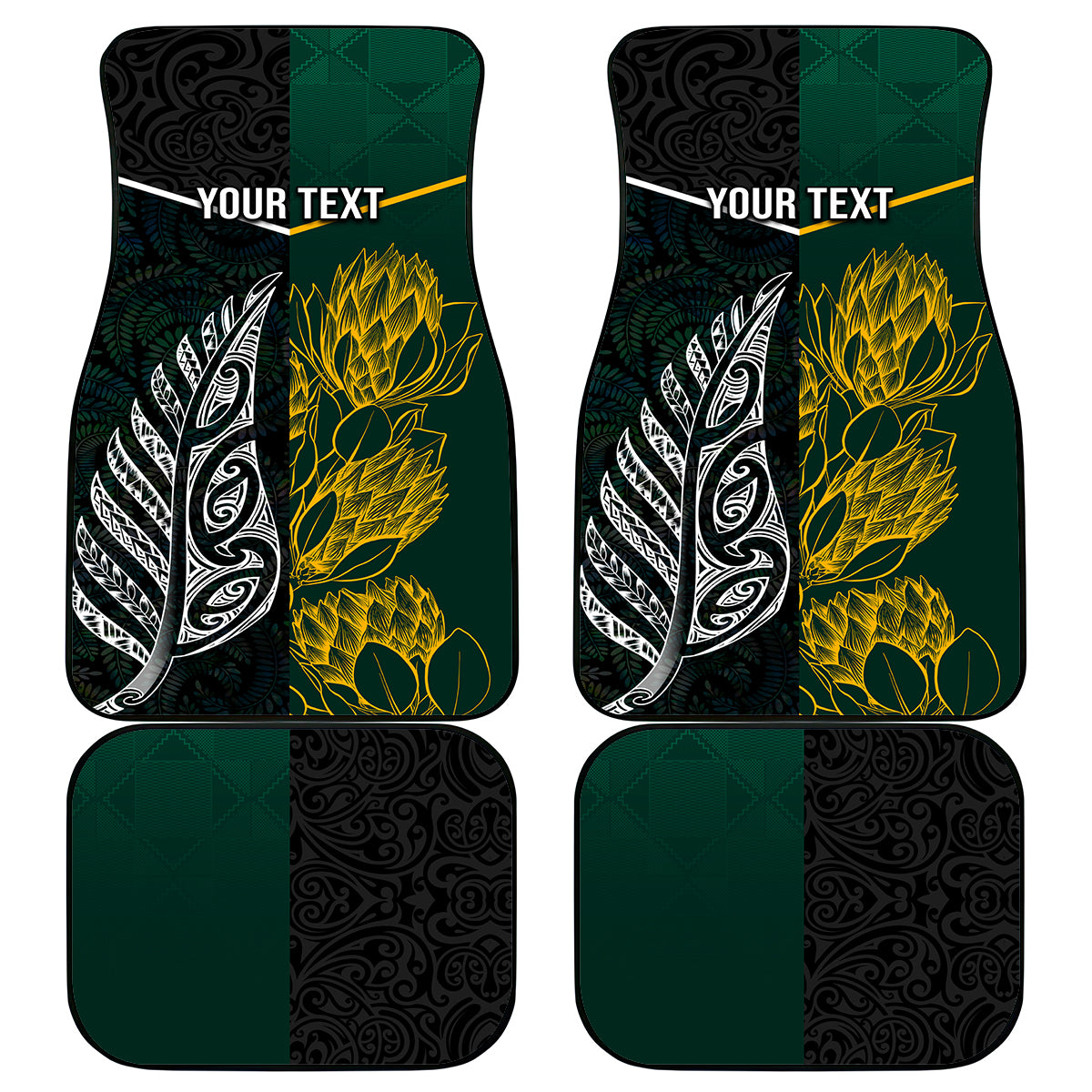 Personalised South Africa and New Zealand Car Mats King Protea and Silver Fern Mix Culture Pattern LT03 Black - Polynesian Pride