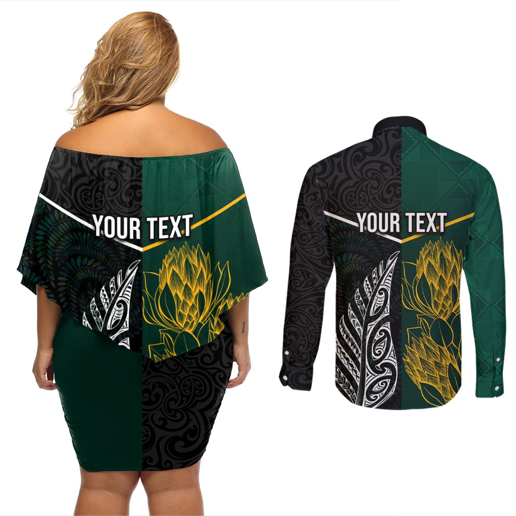 Personalised South Africa and New Zealand Couples Matching Off Shoulder Short Dress and Long Sleeve Button Shirt King Protea and Silver Fern Mix Culture Pattern LT03 - Polynesian Pride