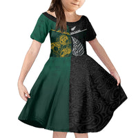 Personalised South Africa and New Zealand Family Matching Off Shoulder Long Sleeve Dress and Hawaiian Shirt King Protea and Silver Fern Mix Culture Pattern LT03 Daughter's Dress Black - Polynesian Pride