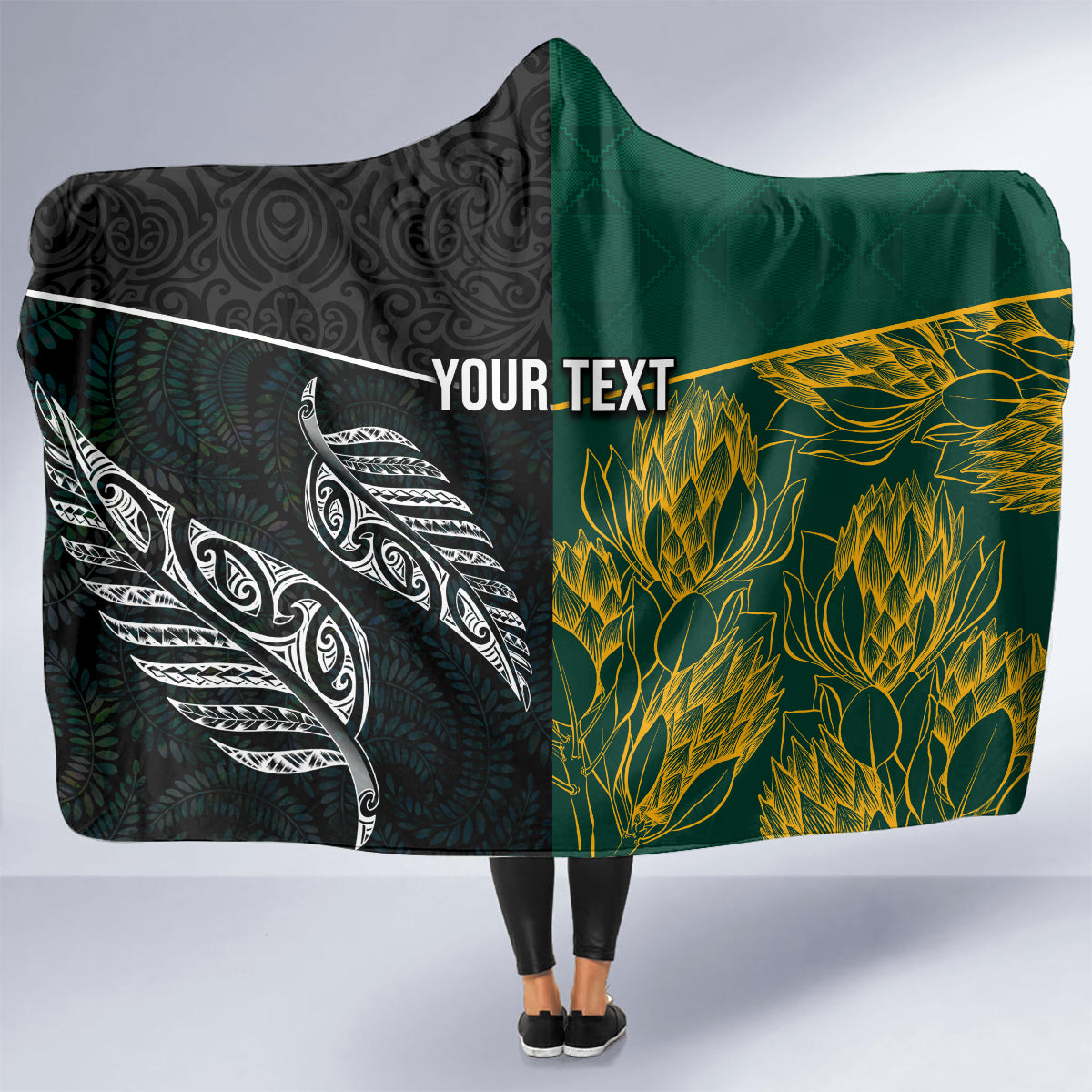 Personalised South Africa and New Zealand Hooded Blanket King Protea and Silver Fern Mix Culture Pattern LT03 - Polynesian Pride