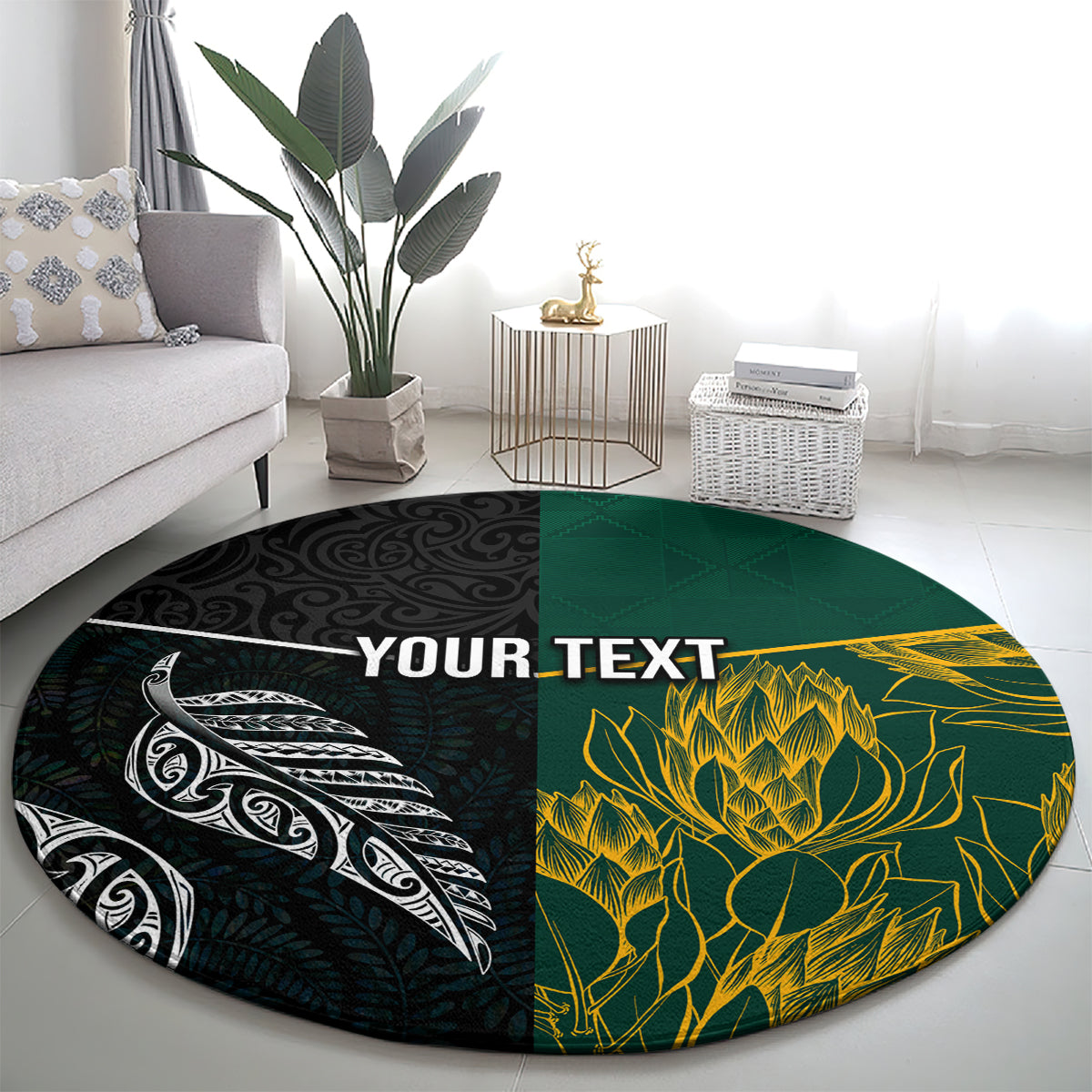 Personalised South Africa and New Zealand Round Carpet King Protea and Silver Fern Mix Culture Pattern LT03 - Polynesian Pride