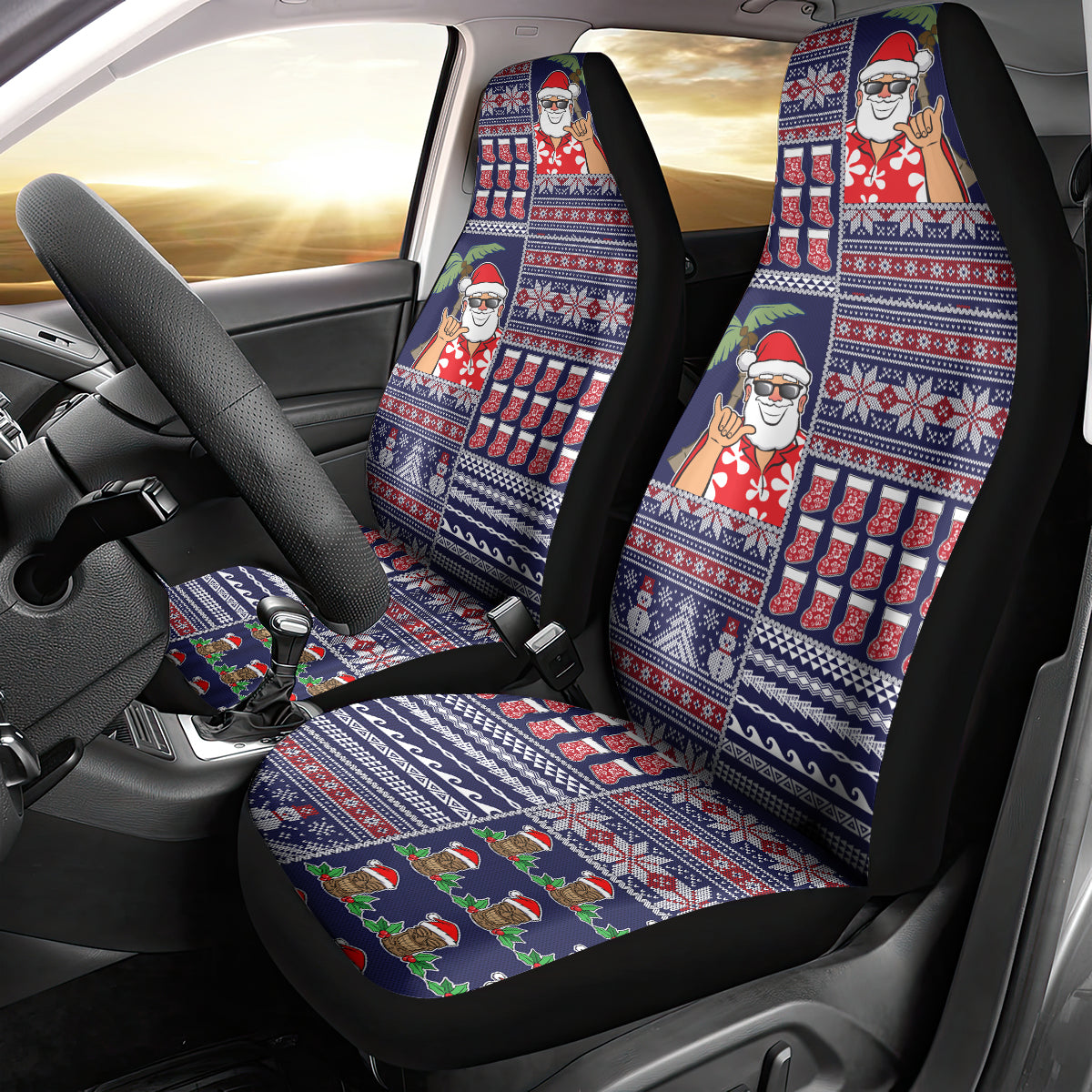 Hawaii Mele Kalikimaka Car Seat Cover Aloha and Christmas Elements Patchwork Blue Style LT03 - Polynesian Pride