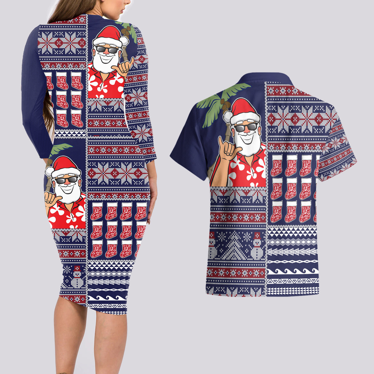 Hawaii Mele Kalikimaka Couples Matching Long Sleeve Bodycon Dress and Hawaiian Shirt Aloha and Christmas Elements Patchwork Blue Style LT03 - Polynesian Pride