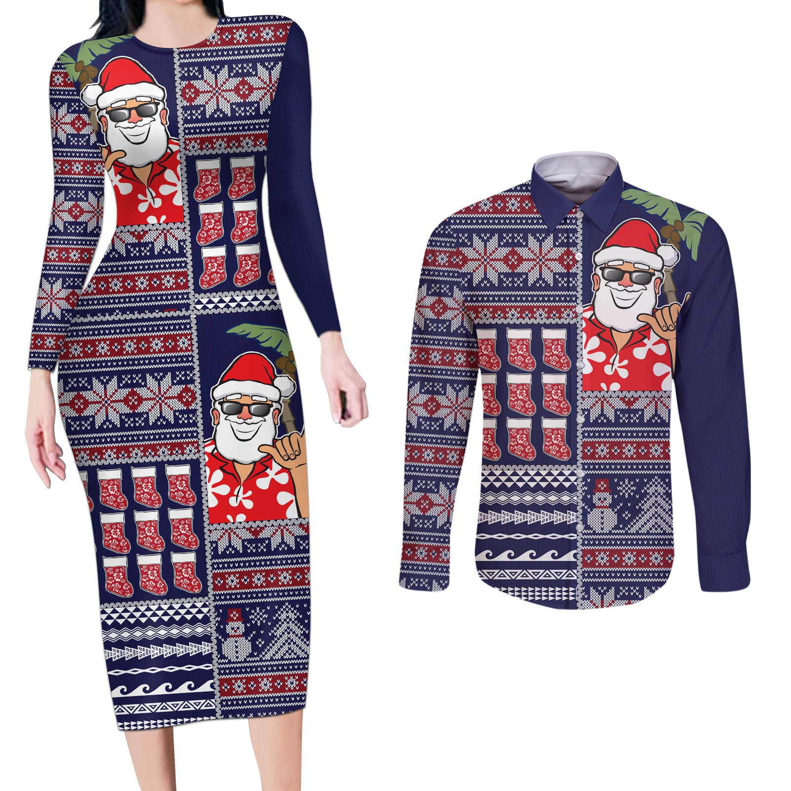 Hawaii Mele Kalikimaka Couples Matching Long Sleeve Bodycon Dress and Long Sleeve Button Shirt Aloha and Christmas Elements Patchwork Blue Style LT03 Blue - Polynesian Pride