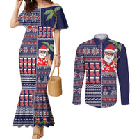 Hawaii Mele Kalikimaka Couples Matching Mermaid Dress and Long Sleeve Button Shirt Aloha and Christmas Elements Patchwork Blue Style LT03 Blue - Polynesian Pride