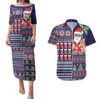 Hawaii Mele Kalikimaka Couples Matching Puletasi Dress and Hawaiian Shirt Aloha and Christmas Elements Patchwork Blue Style LT03 Blue - Polynesian Pride