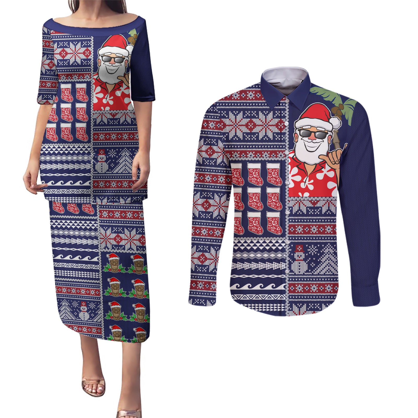 Hawaii Mele Kalikimaka Couples Matching Puletasi Dress and Long Sleeve Button Shirt Aloha and Christmas Elements Patchwork Blue Style LT03 Blue - Polynesian Pride