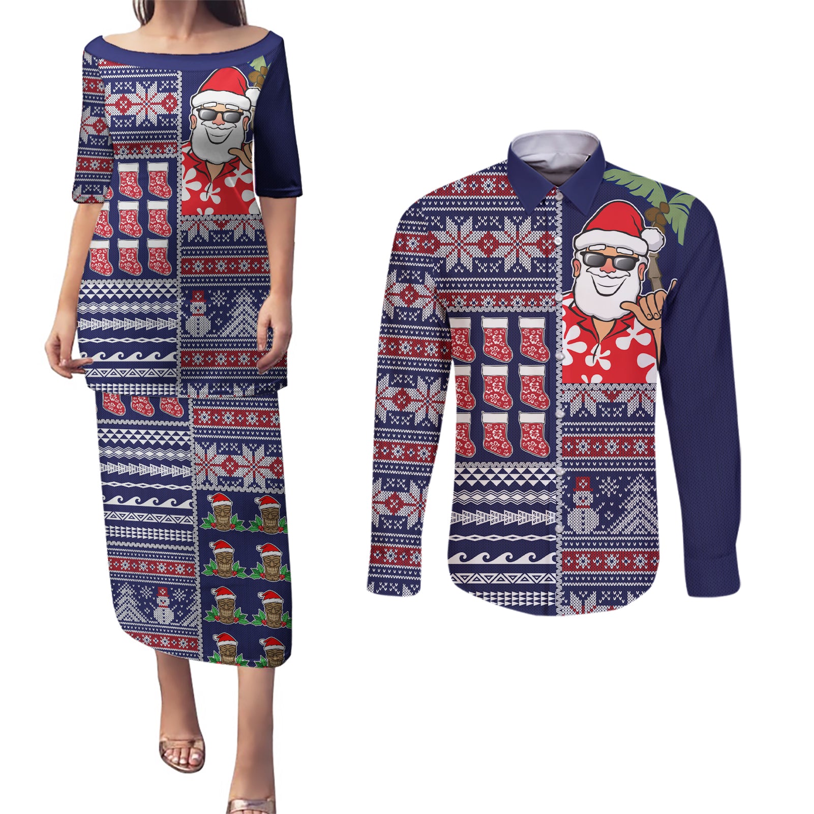 Hawaii Mele Kalikimaka Couples Matching Puletasi Dress and Long Sleeve Button Shirt Aloha and Christmas Elements Patchwork Blue Style LT03 Blue - Polynesian Pride