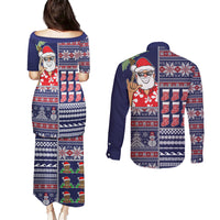 Hawaii Mele Kalikimaka Couples Matching Puletasi Dress and Long Sleeve Button Shirt Aloha and Christmas Elements Patchwork Blue Style LT03 - Polynesian Pride