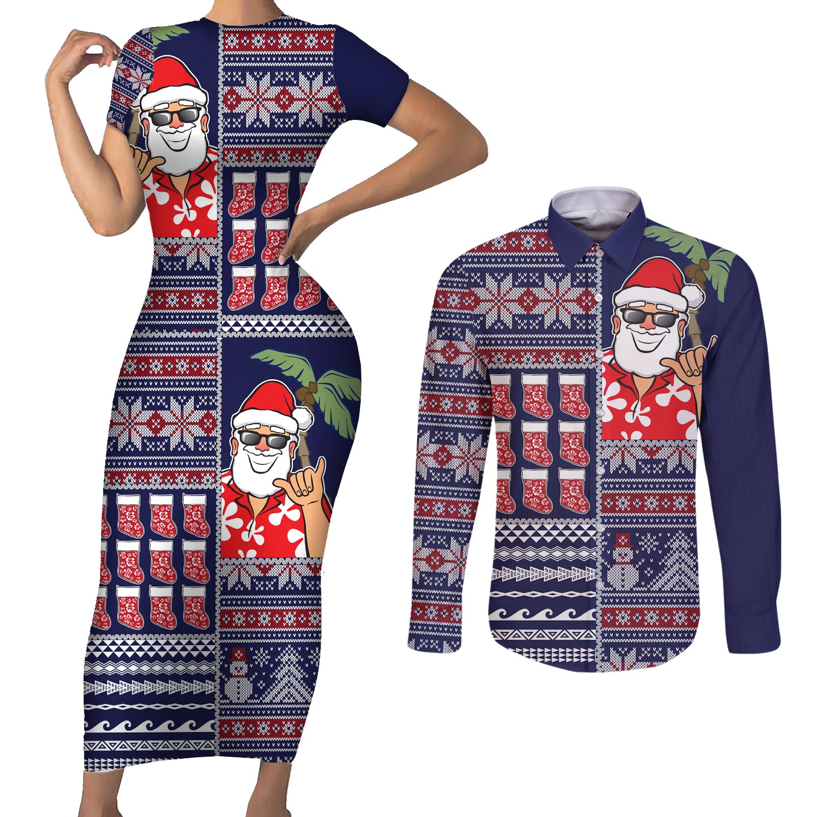 Hawaii Mele Kalikimaka Couples Matching Short Sleeve Bodycon Dress and Long Sleeve Button Shirt Aloha and Christmas Elements Patchwork Blue Style LT03 Blue - Polynesian Pride