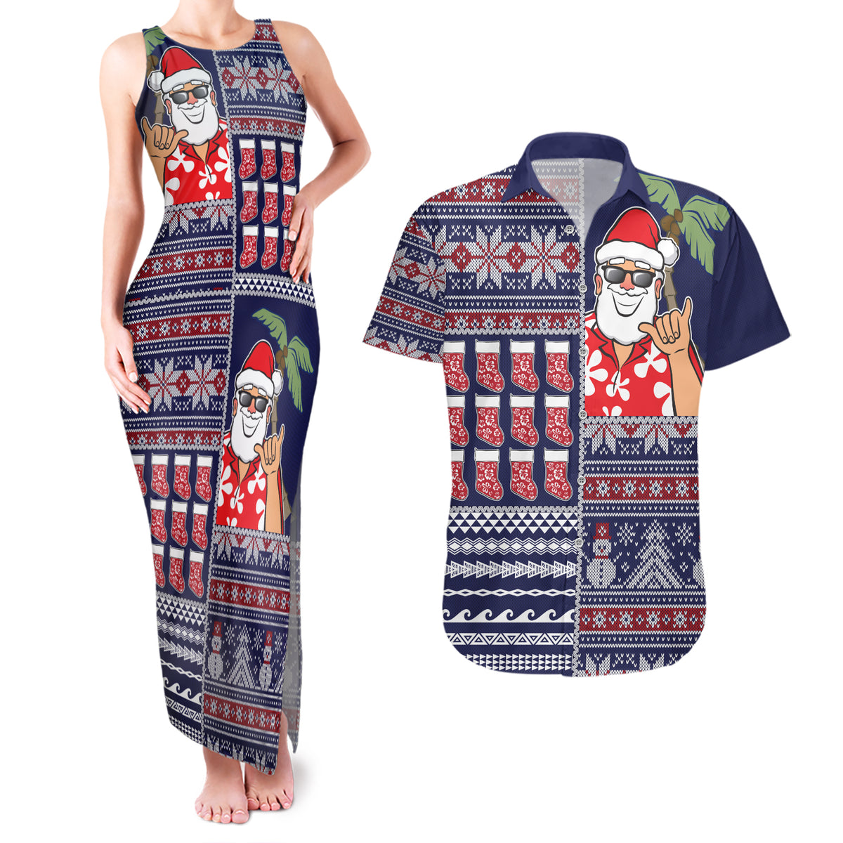Hawaii Mele Kalikimaka Couples Matching Tank Maxi Dress and Hawaiian Shirt Aloha and Christmas Elements Patchwork Blue Style LT03 Blue - Polynesian Pride
