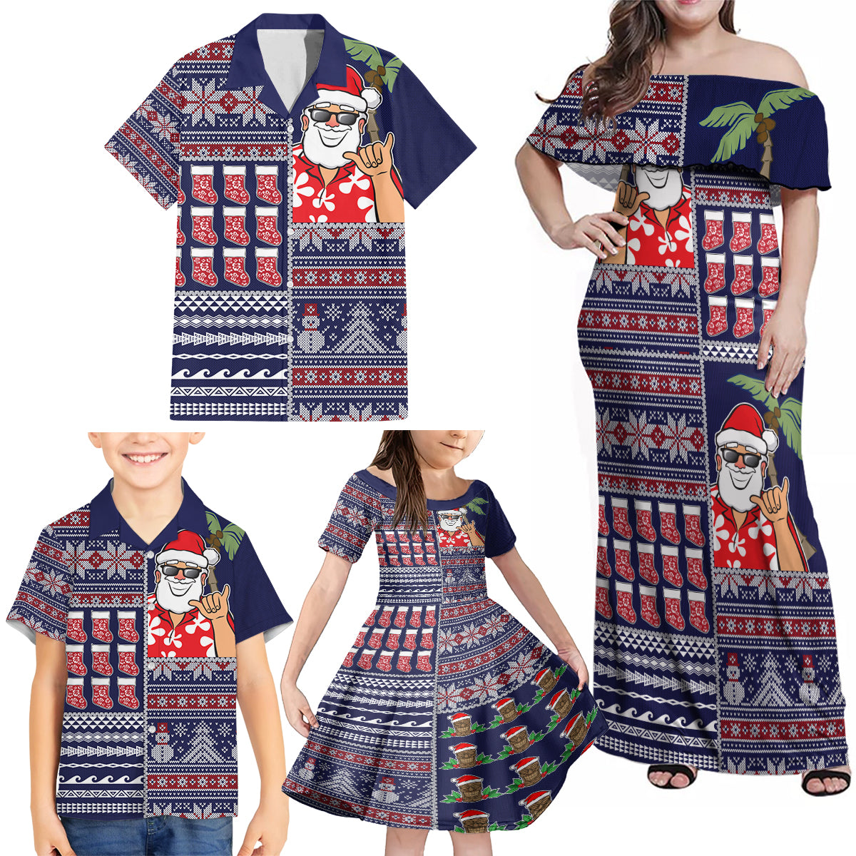Hawaii Mele Kalikimaka Family Matching Off Shoulder Maxi Dress and Hawaiian Shirt Aloha and Christmas Elements Patchwork Blue Style LT03 - Polynesian Pride