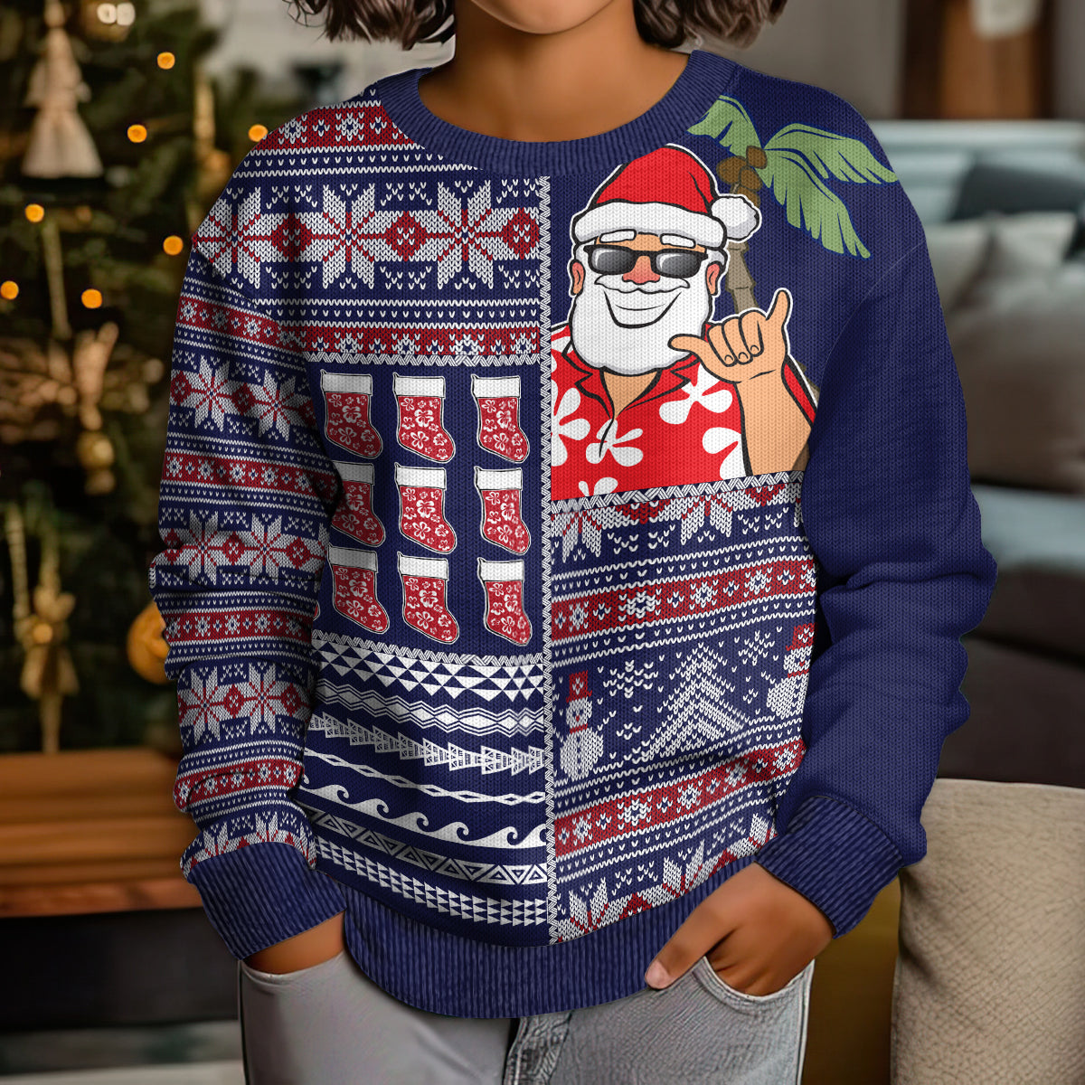 Hawaii Mele Kalikimaka Kid Ugly Christmas Sweater Aloha and Christmas Elements Patchwork Blue Style LT03 - Polynesian Pride