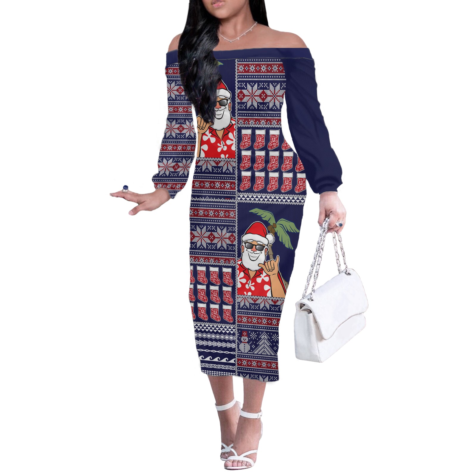 Hawaii Mele Kalikimaka Off The Shoulder Long Sleeve Dress Aloha and Christmas Elements Patchwork Blue Style LT03 Women Blue - Polynesian Pride