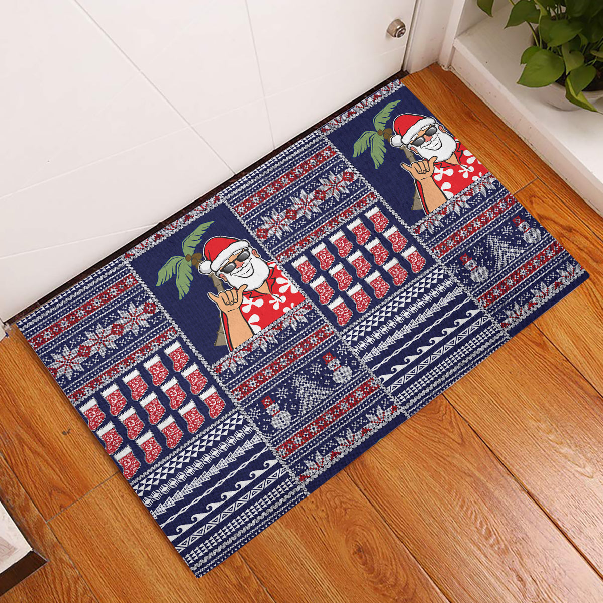 Hawaii Mele Kalikimaka Rubber Doormat Aloha and Christmas Elements Patchwork Blue Style LT03 Blue - Polynesian Pride