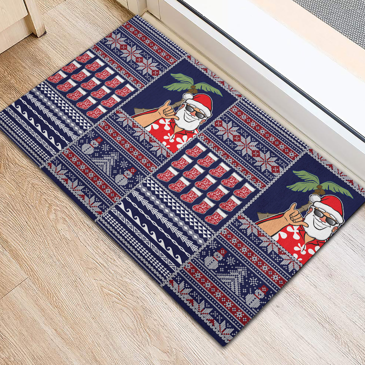 Hawaii Mele Kalikimaka Rubber Doormat Aloha and Christmas Elements Patchwork Blue Style LT03 - Polynesian Pride
