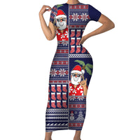 Hawaii Mele Kalikimaka Short Sleeve Bodycon Dress Aloha and Christmas Elements Patchwork Blue Style LT03 Long Dress Blue - Polynesian Pride
