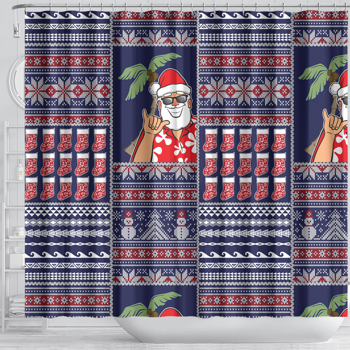 Hawaii Mele Kalikimaka Shower Curtain Aloha and Christmas Elements Patchwork Blue Style LT03 - Polynesian Pride