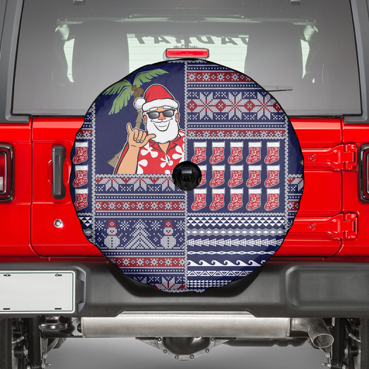 Hawaii Mele Kalikimaka Spare Tire Cover Aloha and Christmas Elements Patchwork Blue Style LT03 - Polynesian Pride