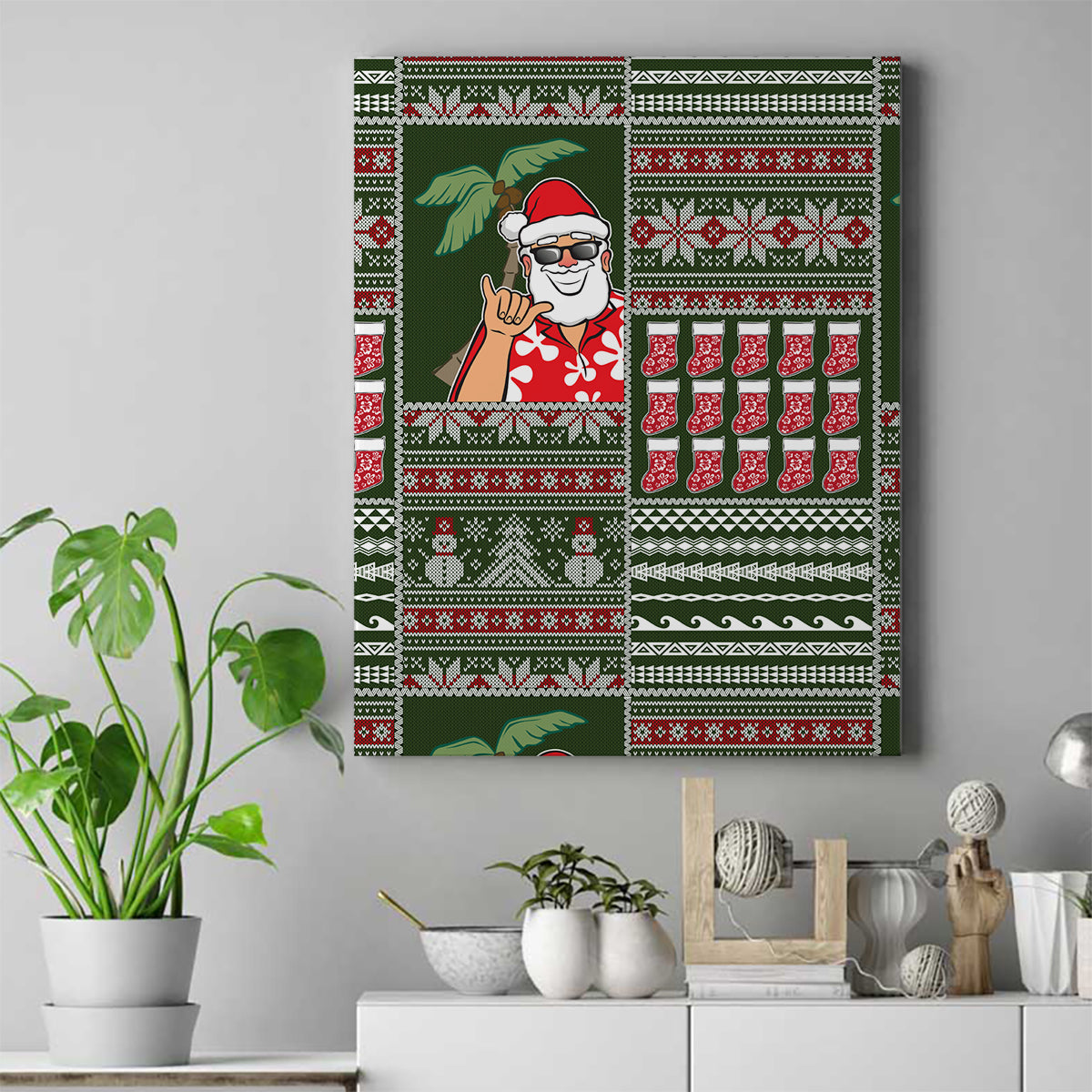 Hawaii Mele Kalikimaka Canvas Wall Art Aloha and Christmas Elements Patchwork Green Style LT03 Green - Polynesian Pride