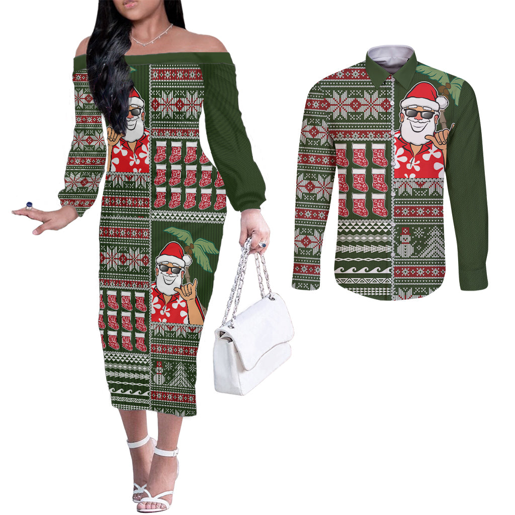 Hawaii Mele Kalikimaka Couples Matching Off The Shoulder Long Sleeve Dress and Long Sleeve Button Shirt Aloha and Christmas Elements Patchwork Green Style LT03 Green - Polynesian Pride