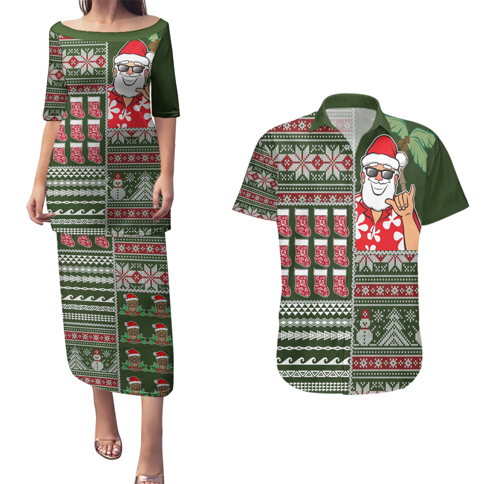 Hawaii Mele Kalikimaka Couples Matching Puletasi Dress and Hawaiian Shirt Aloha and Christmas Elements Patchwork Green Style LT03 Green - Polynesian Pride