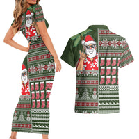 Hawaii Mele Kalikimaka Couples Matching Short Sleeve Bodycon Dress and Hawaiian Shirt Aloha and Christmas Elements Patchwork Green Style LT03 - Polynesian Pride