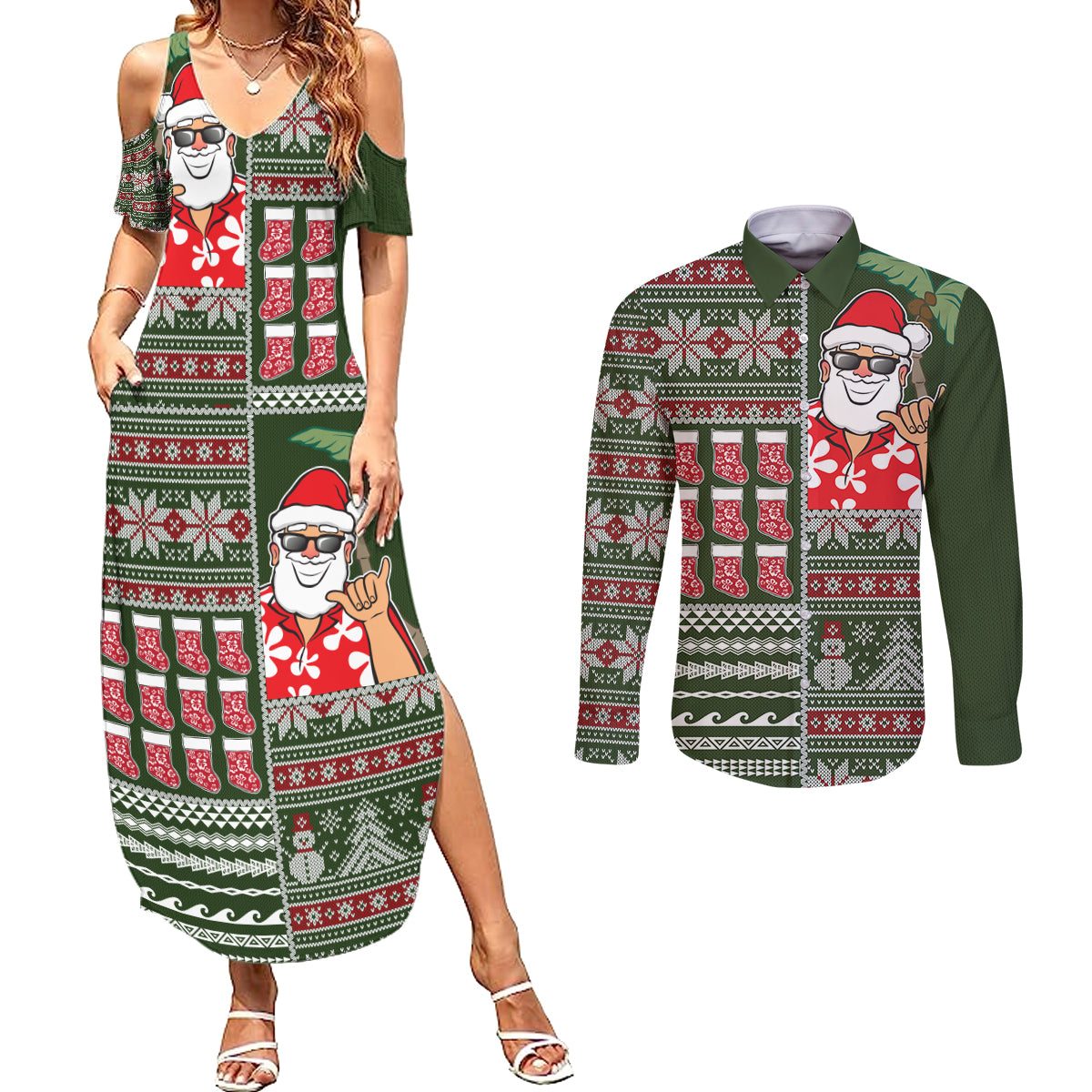 Hawaii Mele Kalikimaka Couples Matching Summer Maxi Dress and Long Sleeve Button Shirt Aloha and Christmas Elements Patchwork Green Style LT03 Green - Polynesian Pride
