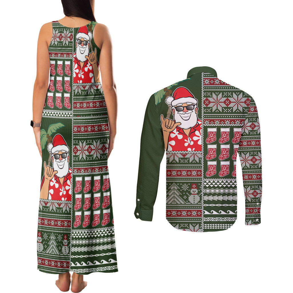 Hawaii Mele Kalikimaka Couples Matching Tank Maxi Dress and Long Sleeve Button Shirt Aloha and Christmas Elements Patchwork Green Style LT03 - Polynesian Pride