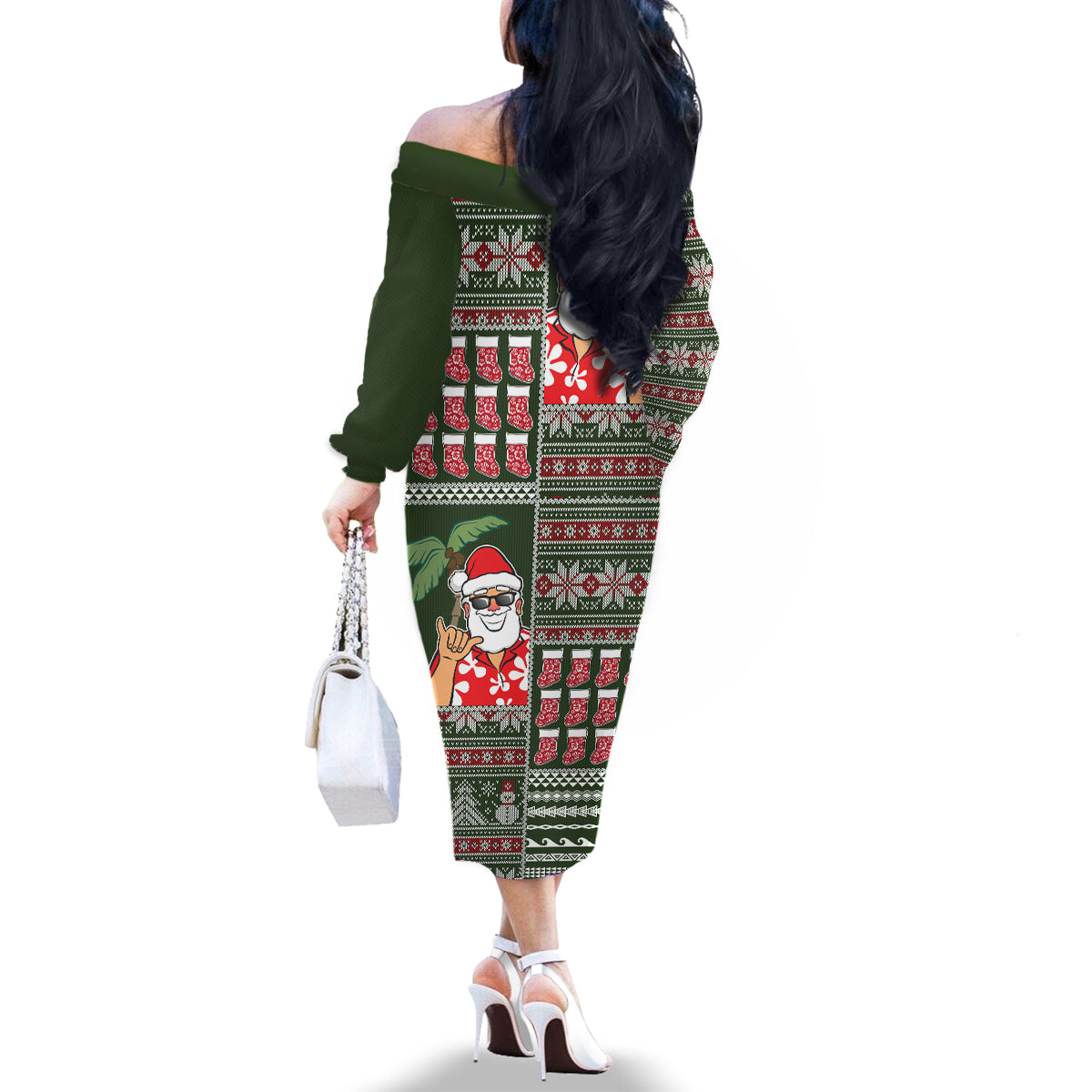 Hawaii Mele Kalikimaka Family Matching Off Shoulder Long Sleeve Dress and Hawaiian Shirt Aloha and Christmas Elements Patchwork Green Style LT03 - Polynesian Pride