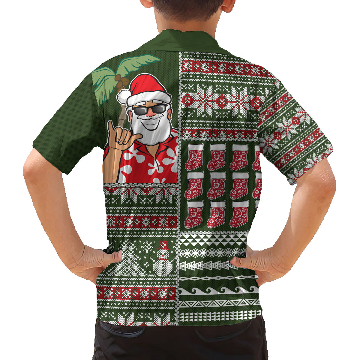 Hawaii Mele Kalikimaka Family Matching Off Shoulder Maxi Dress and Hawaiian Shirt Aloha and Christmas Elements Patchwork Green Style LT03 - Polynesian Pride