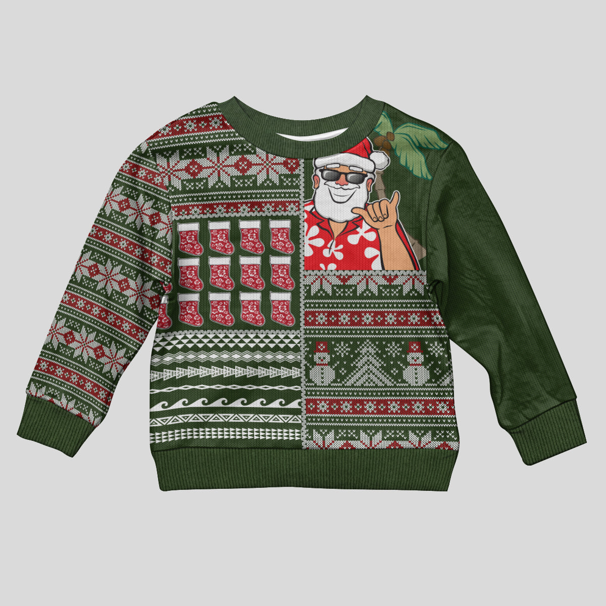 Hawaii Mele Kalikimaka Kid Ugly Christmas Sweater Aloha and Christmas Elements Patchwork Green Style LT03 Kid Green - Polynesian Pride