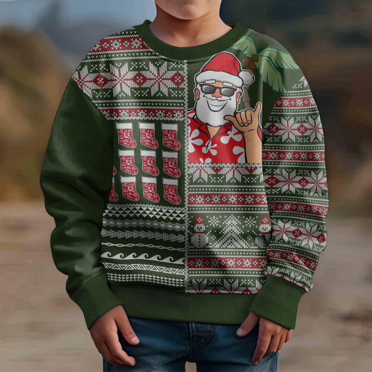Hawaii Mele Kalikimaka Kid Ugly Christmas Sweater Aloha and Christmas Elements Patchwork Green Style LT03 - Polynesian Pride