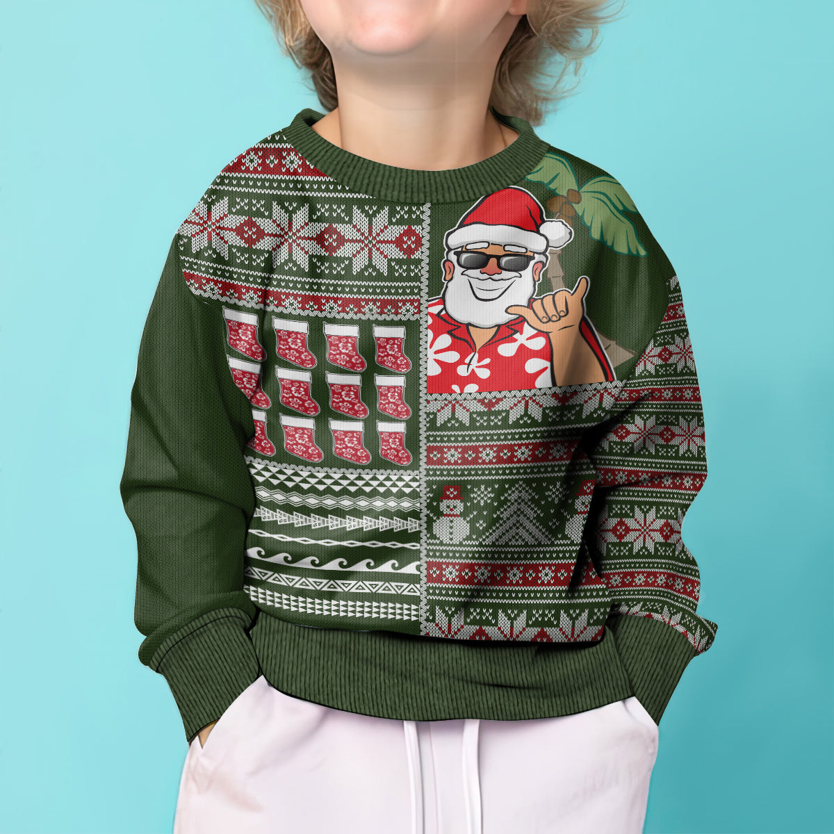 Hawaii Mele Kalikimaka Kid Ugly Christmas Sweater Aloha and Christmas Elements Patchwork Green Style LT03 - Polynesian Pride