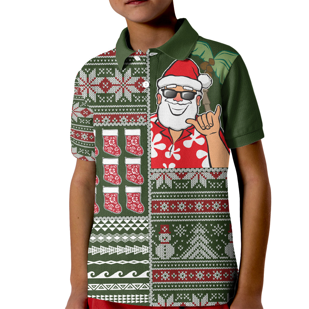 Hawaii Mele Kalikimaka Kid Polo Shirt Aloha and Christmas Elements Patchwork Green Style LT03 Kid Green - Polynesian Pride