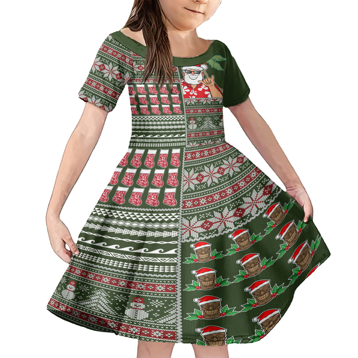 Hawaii Mele Kalikimaka Kid Short Sleeve Dress Aloha and Christmas Elements Patchwork Green Style LT03 KID Green - Polynesian Pride