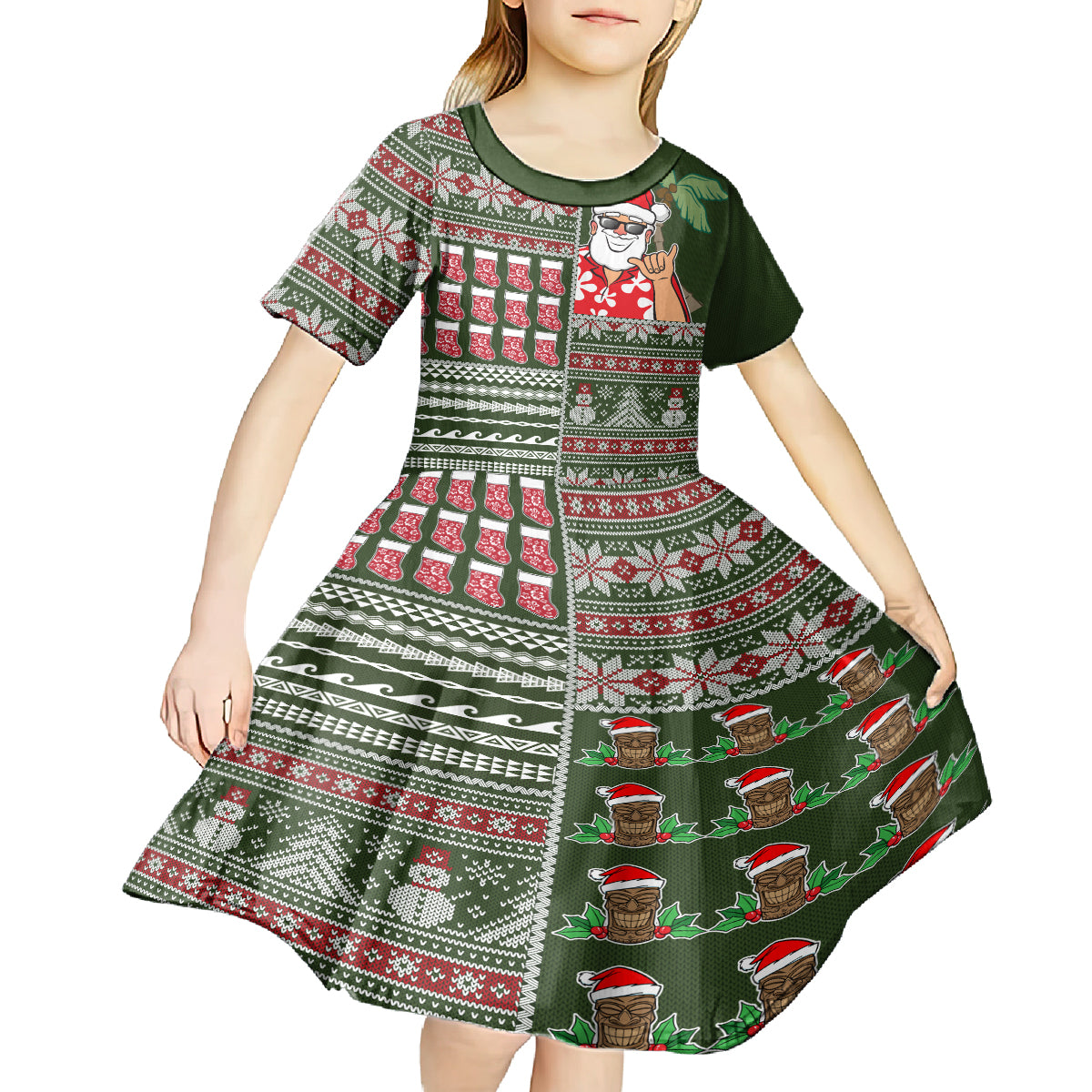 Hawaii Mele Kalikimaka Kid Short Sleeve Dress Aloha and Christmas Elements Patchwork Green Style LT03 - Polynesian Pride