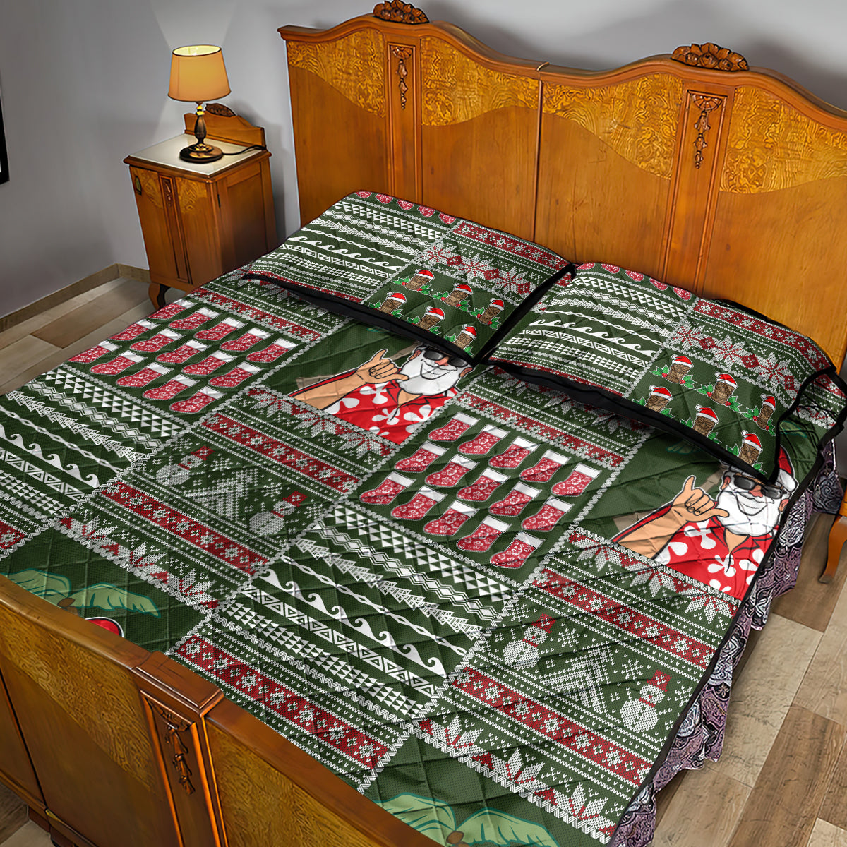 Hawaii Mele Kalikimaka Quilt Bed Set Aloha and Christmas Elements Patchwork Green Style LT03 - Polynesian Pride