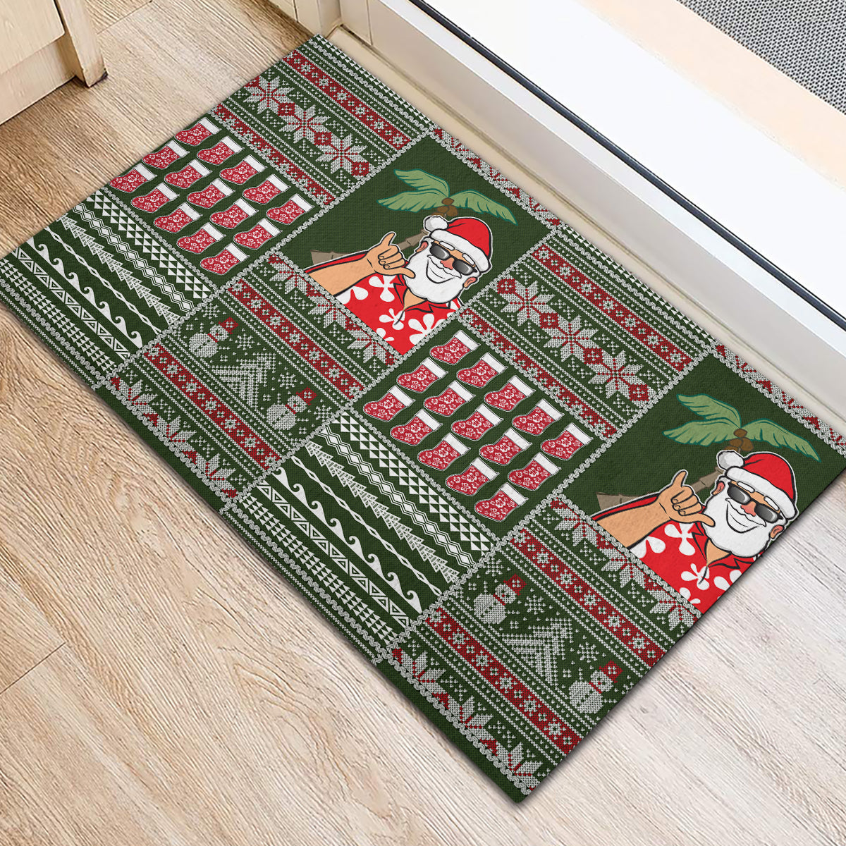 Hawaii Mele Kalikimaka Rubber Doormat Aloha and Christmas Elements Patchwork Green Style LT03 - Polynesian Pride